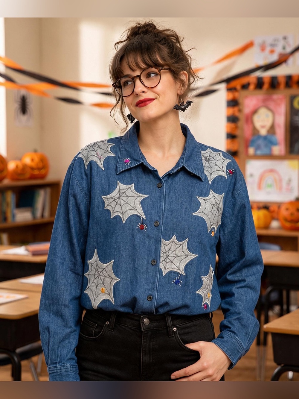 VINTAGE KAREN SCOTT Embroidered Spiderweb Denim Shirt